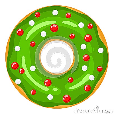 Christmas donut. Green donut are decorated with sweet festive balloons. Cartoon Christmas sweets. X-mas donut, vector Vector Illustration