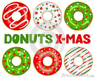 Christmas donuts set. Green, white, red donuts are decorated with sweet festive stars and balloons. Cartoon Christmas Vector Illustration