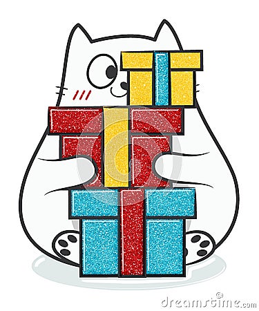 Christmas glitter doodle fat cat. Stock illustration. Cartoon Illustration