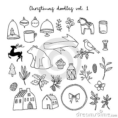 Christmas doodle icons set. Black isolated sketches on white background. Animal, floral, houses and lifestyle vector Vector Illustration