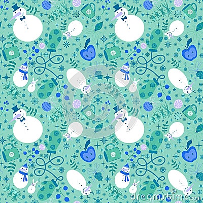 Christmas doodle seamless snowman and snowflakes and cup of tea and apples pattern for wrapping paper Cartoon Illustration