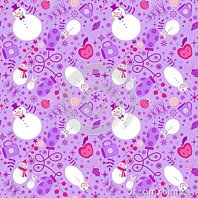 Christmas doodle seamless snowman and snowflakes and cup of tea and apples pattern for wrapping paper Cartoon Illustration