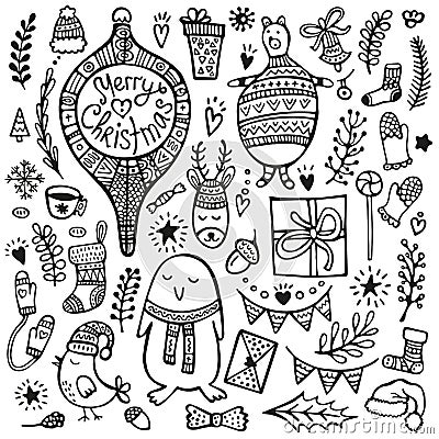 Christmas doodle collection. Hand drawing cute characters and design elements. Vector Illustration