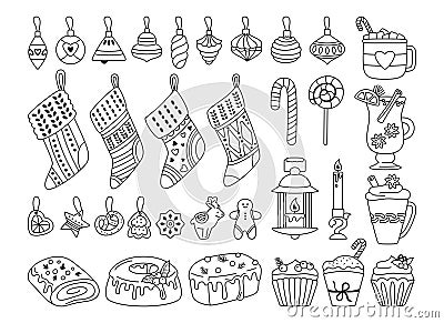 Christmas doodle set New year gingerbread sock candle muffin lollipop toy noel Vector Illustration