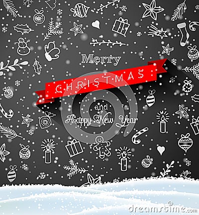 Christmas doodles on black chalkboard, seasonal theme Vector Illustration