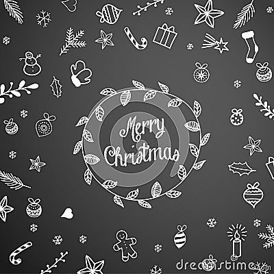 Christmas doodles on black chalkboard, seasonal theme Vector Illustration