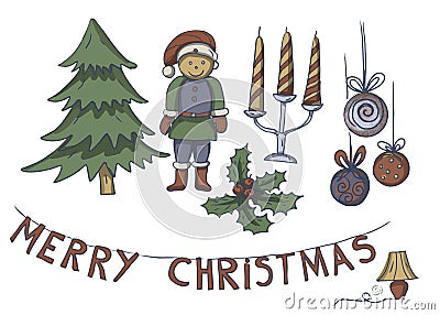 Christmas doodles candles tin soldier gnome sketch hand-drawn separate elements Vector Illustration