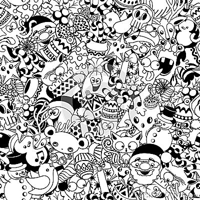 Christmas Doodles Funny and Cute Black and White Vector Seamless Pattern Design Vector Illustration