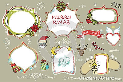 Christmas Doodles set.Badges,labels with holiday Vector Illustration