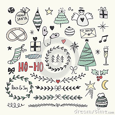 Christmas doodles set. Handwritten Vector Lettering Vector Illustration