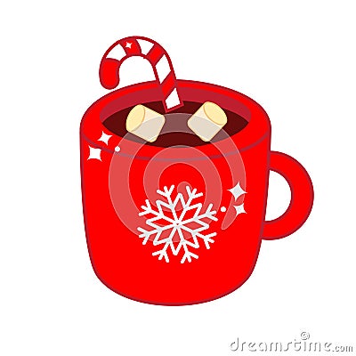 Christmas drink in cozy mug. Cup of hot cocoa with candy cane and marshmallow for New Year menu and other design Vector Illustration