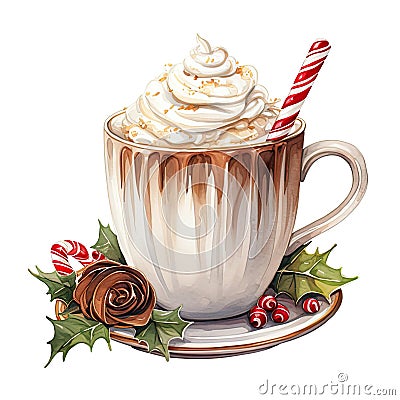 Christmas drink hot chocolate watercolor illustration on white background Cartoon Illustration