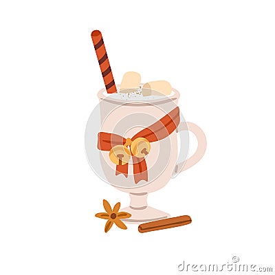 Christmas drink with hot milk, marshmallow, winter spices. Xmas spiced cocktail in glass. Cacao, latte coffee with Vector Illustration