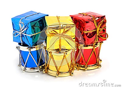 Christmas drums, baubles, toys and christmas hat Stock Photo