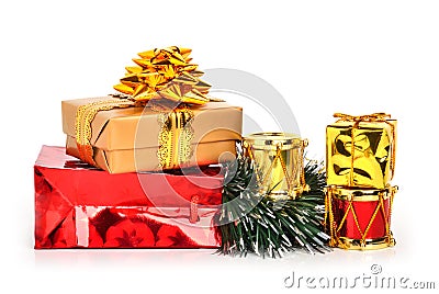 Christmas drums, baubles, toys and christmas hat Stock Photo