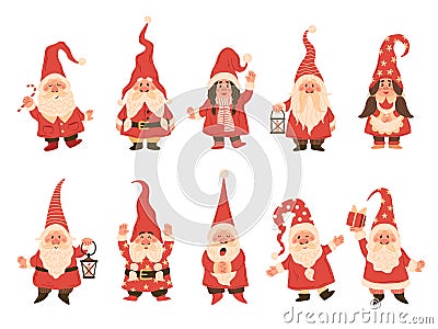 Christmas dwarfs. Adorable gnomes in red white costumes with lanterns, fairy tale funny characters in hats with xmas Vector Illustration