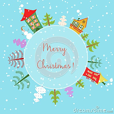 Christmas earth holiday background. Round Banner with trees, cartoon houses and snowman. Vector Illustration