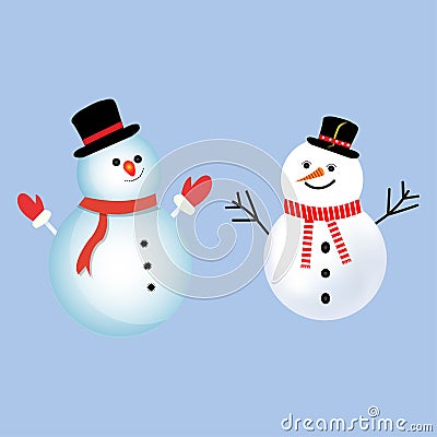 Christmas element design with two happy snowmen. Winter snowmen design with neck muffler, tree branch, carrot nose, gloves, hat, Vector Illustration