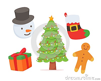 Christmas element set collection package socks snowman christmas tree gift box ginger cookies white isolated background Vector Illustration