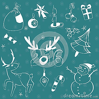 Christmas elements set. Vector icons. Design elements collection. Cartoon objects. Snowmen,deer, pine tree,holly berry, gifts, gar Vector Illustration