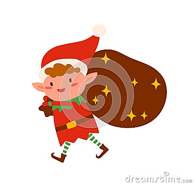 Christmas elf carry bag with gifts vector flat illustration. Cute little Santa helper going with huge sac full of Vector Illustration