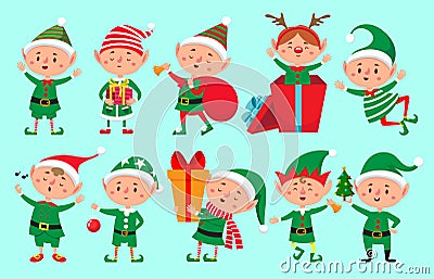 Christmas elf character. Santa Claus helpers cartoon, cute dwarf elves fun characters vector isolated Vector Illustration