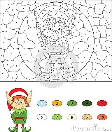 Christmas elf. Color by number educational game for kids Vector Illustration