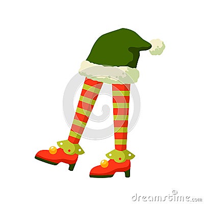 Christmas elf feet in striped socks flat vector illustration. Santa helper with green new year hat. Xmas folklore Vector Illustration