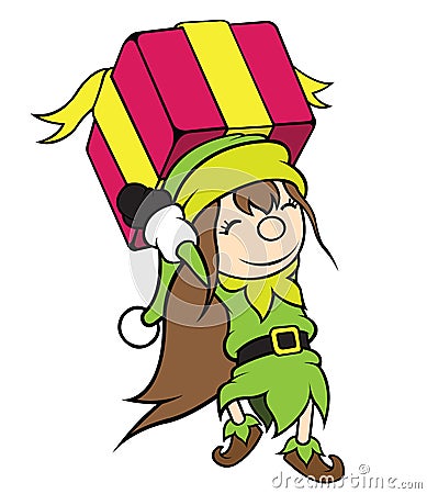Christmas Elf Girl Carrying Gift Vector Illustration