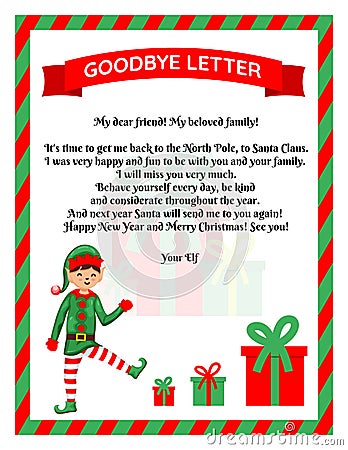 Christmas elf goodbye letter with christmas gift. Flat vector illustration Vector Illustration