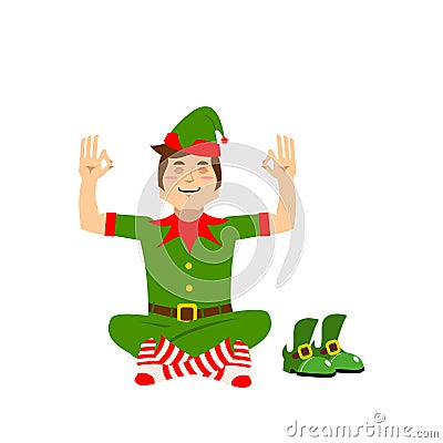 Christmas elf meditates. XMAS yoga. Assistant Santa Claus lotus Vector Illustration