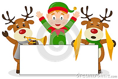 Christmas Elf & Reindeer with Banner Vector Illustration