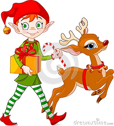 Christmas elf and Rudolph Vector Illustration