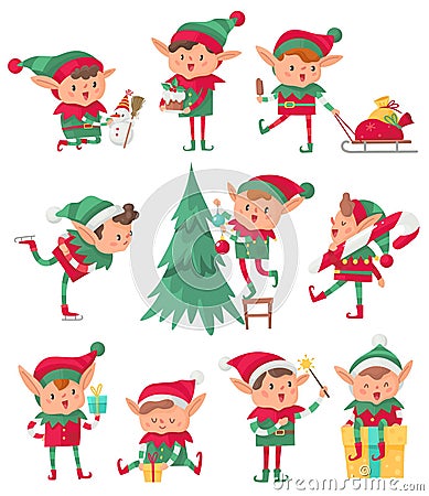 Christmas elf. Santa Claus cute fantasy helpers, adorable elves with holiday gifts and decorations, happy dwarf cartoon Vector Illustration