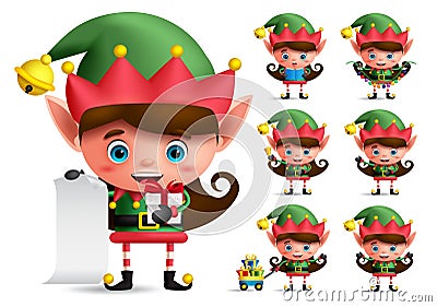 Christmas elf vector character set. Girl elves with green costume holding gifts Vector Illustration