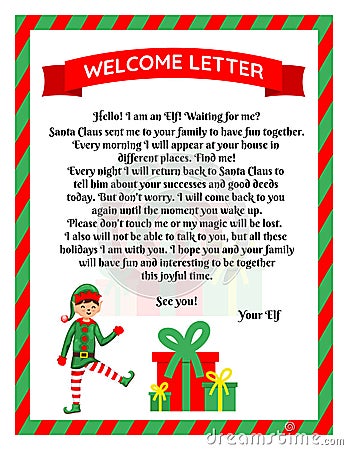 Christmas elf welcome letter with christmas gift. Flat vector illustration Vector Illustration