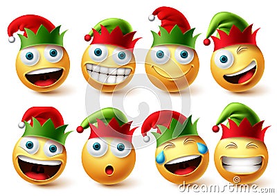 Christmas elfs emoji vector set. Emojis smiley wearing elf hat icon collection isolated in white background Vector Illustration