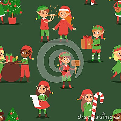 Christmas elfs kids vector children Santa Claus helpers cartoon elfish boys and girls young characters traditional Vector Illustration