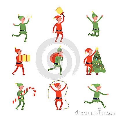 Christmas elves. Cartoon elf, flat santa helpers holding present, bag, tree. Cute joyful holiday magic workers workshop Vector Illustration