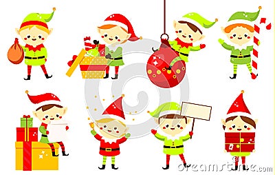 Christmas elves. Collection of cute Santa`s helpers holding gifts. Cartoon characters for new Year greeting design Vector Illustration