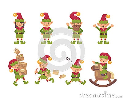 Christmas elves collection. Holiday characters flat illustration Vector Illustration