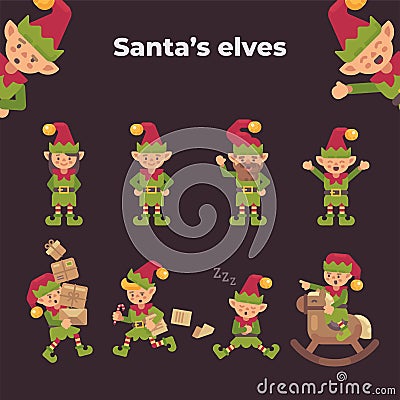 Christmas elves collection. Holiday characters flat illustration Vector Illustration