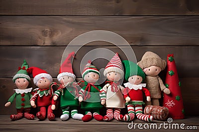 Christmas elves toys on wooden board. Generate Ai Stock Photo