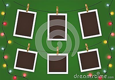 Christmas empty photo frame mockup. New Year realistic Scrapbook. Blank framework picture template Vector Illustration