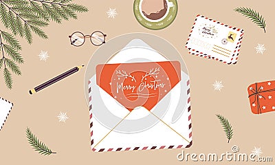 Christmas envelope on desk. Handmade greeting card. Sending or receiving New Year postcard or invitation. Top view Vector Illustration