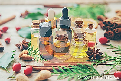 Christmas essential oils in a small bottle. Selective focus Stock Photo