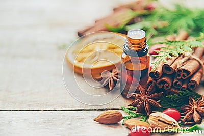 Christmas essential oils in a small bottle. Selective focus Stock Photo