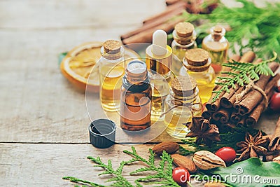 Christmas essential oils in a small bottle. Selective focus Stock Photo