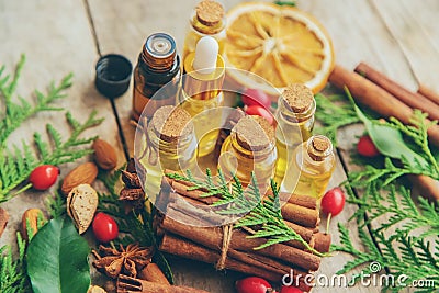 Christmas essential oils in a small bottle. Selective focus Stock Photo