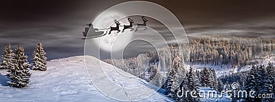 Christmas eve background, fairytale scene with Santa on the sleigh and reindeer flying on the sky Stock Photo